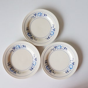 Vintage set of 3 deep dinner plates. VEB Colditz East Germany GDR. Blue floral decor, airbrushed / Spritzdekor. Mid-century shabby chic, retro.