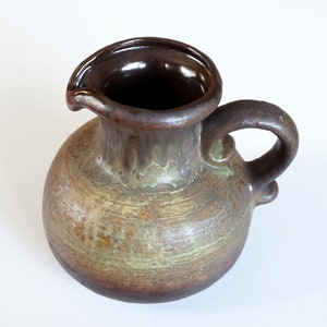 Rustic army green vintage pottery pitcher vase by Carstens West Germany 0881 -19. Characteristic 1960s/1970s German ceramic design