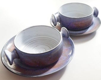 Two vintage soup bowls with saucer, handled. Marked Terra M. Beautiful lavander blue - purple, brown. Studio pottery, Morocco