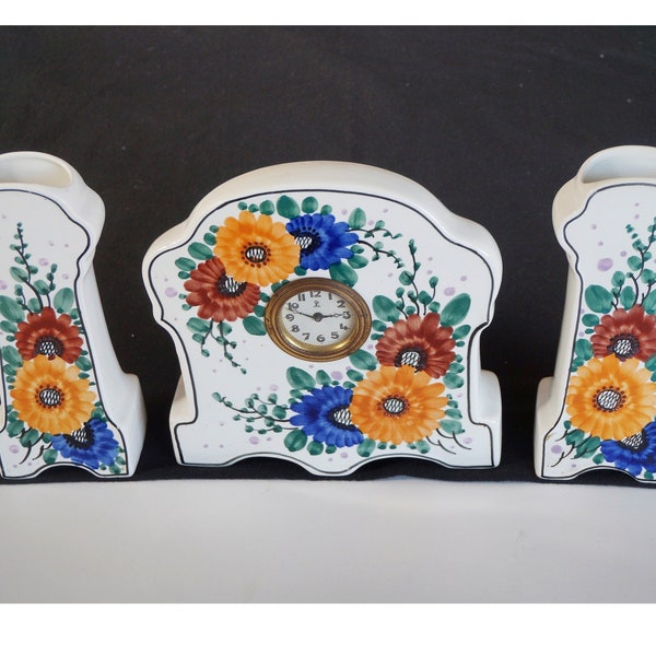 Antique 1920/30 ceramic clock + vases complete garniture set. Hand-painted flowers; design art deco features. Faience 'déposé 169' Belgium.