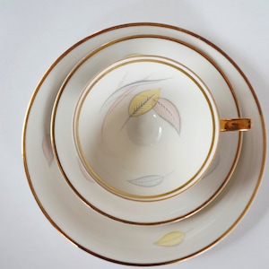 Vintage 1950er Porzellan-Tee-Trio (Sammeltasse): Tasse, Untertasse, Teller. Weiches Pastellblattdekor. Johann Seltmann Vohenstrauß, Bayern Deutschland