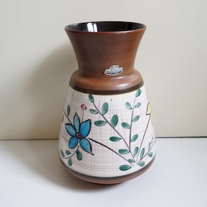 Large vintage vase. Teak, formica + flowers: great 1970s design! Bay West Germany 524 -30 Hand ground. Retro German pottery. Original decal