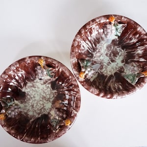 Può includere: Due ciotole in ceramica con un design marmorizzato marrone e bianco. Ogni ciotola presenta un'area centrale verde chiaro ed è decorata con grappoli d'uva e foglie nelle tonalità del verde, dell'arancione e del viola.
