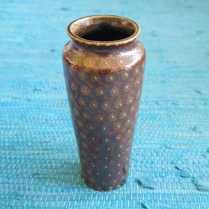 Brown and small green dots, vintage studio pottery vase, handmade mid-century. HartHey Hartwig Heyne (Hoy Keramik) West Germany, 1960s.