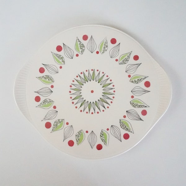 1950/1960's vintage cake or pizza plate/platter, Grünstadt West Germany. Mid-century kitchen design. Fun green red, abstract leaf decor