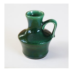 Deep green glaze vase. Made by Jopeko West Germany, fine handled model 021 -15. Vintage pottery. Mid-century home decoration, around 1970