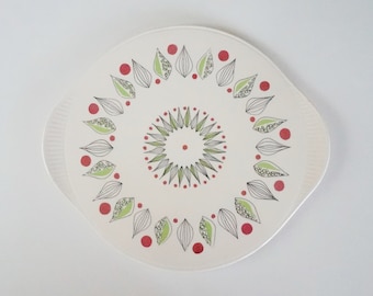 Gâteau vintage des années 1960/1970 ou assiette/plateau à pizza, Grünstadt Allemagne de l'Ouest. Conception de cuisine du milieu du siècle. Décor de feuilles abstrait vert rouge amusant