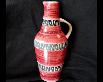 Vintage VEB Haldensleben East Germany GDR, pitcher vase 4025 A. Red, black, white, hand painted. Mid century German pottery. Great condition