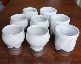 Beautiful vintage handmade pottery cups, possibly by Cor Unum Holland, 5 cups for wine, juice, 3 mugs for milk, coffee, tea, great condition