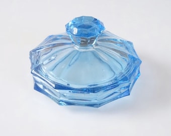 Dressing table lidded trinket dish. Wonderful blue casted glass. Vintage 1930's 1940's bathroom. For jewelry, rings, as a gift box. Art deco
