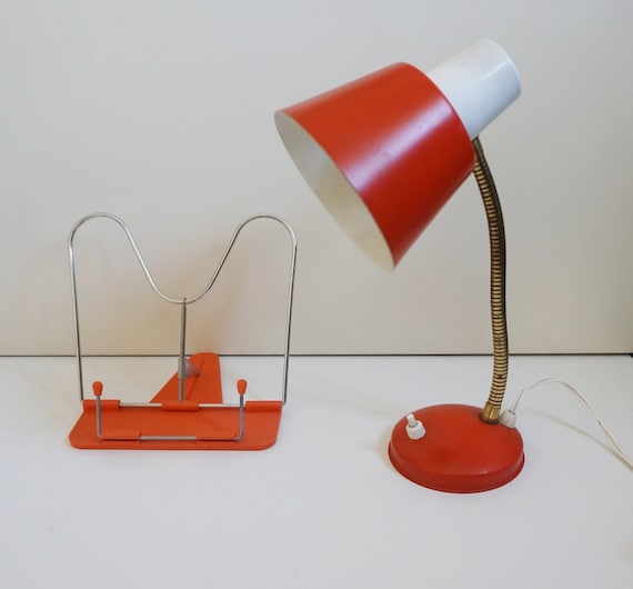 Characteristic Orange Color Early 1970s Desk Lamp Plus Book Stand