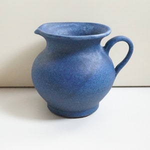 Deep blue fine lava pitcher vase / jug, 1960's. Matte glaze, stylish vintage pottery. West Germany, possibly Silberdistel ceramics. Handmade
