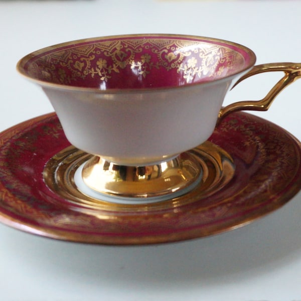 Filigree tiny flower gold decor on dark red. Espresso / mocha cup and saucer. Eschenbach Bavaria Germany. Mid-century porcelain, 1940 - 1950
