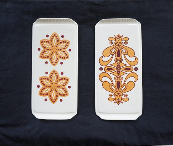 1960's Rectangular ceramic cake platters Herbolzheim West Germany 106-36, and 3105. Vintage german pottery. Wonderful abstracted decorations