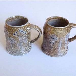 2 Beautiful ceramic stein / mugs. Blue + brown salt glaze, handmade. Germany Westerwald style, signed. Great condition. Vintage art pottery