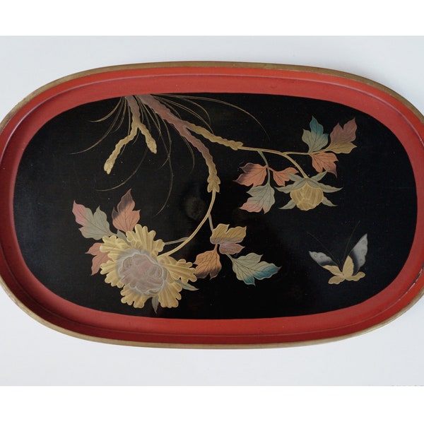 Grand plateau ancien en bois laqué du Japon, peint à la main. Or rouge noir + belles couleurs. Fleurs élégantes, papillons. Art déco / Meiji ou Edo