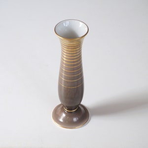 Minimalist vintage porcelain vase, abstract gold rings on smokey brown. Fürstenberg Germany. Op Art decor. Mid-century, original 1960 - 1970