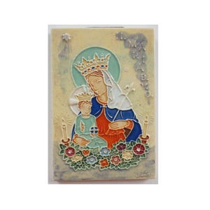 Mother Mary with child wall tile. Cloisonne studio pottery. Hermanus Walstra, Westraven Netherlands 1949. Vintage art. Dutch mid-century art