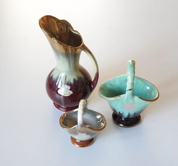 1950's Set Pitcher Vase and 2 Small Baskets, Bay Keramik Germany