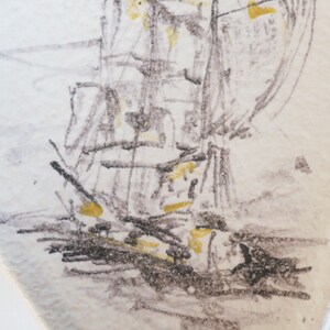 May include: A black and white pencil drawing of a ship on a white background. The ship is drawn with a lot of detail, including the masts, sails, and rigging. The ship is sailing on a choppy sea, and there are waves crashing against the hull.