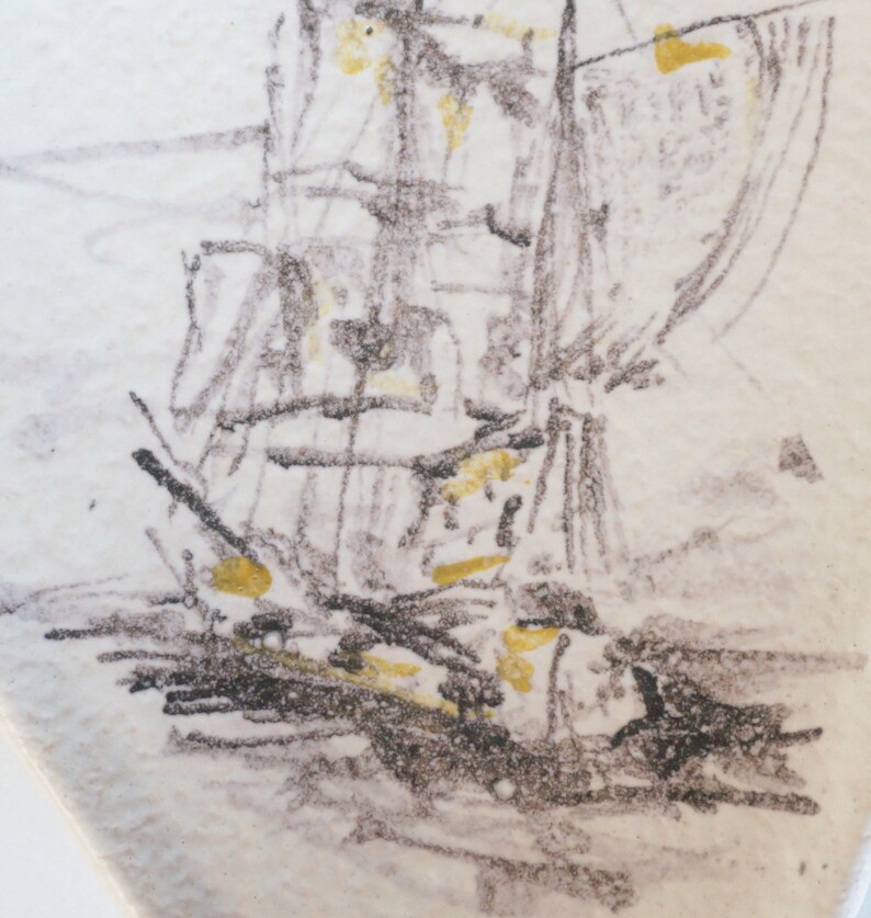 May include: A black and white pencil drawing of a ship on a white background. The ship is drawn with a lot of detail, including the masts, sails, and rigging. The ship is sailing on a choppy sea, and there are waves crashing against the hull.