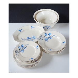 Può includere: Un set di stoviglie vintage in ceramica color crema con disegni floreali blu. Il set include piatti, ciotole e un vassoio da portata. Il motivo floreale presenta fiori blu e foglie grigie. I piatti hanno un bordo dorato.