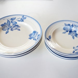 Set of 9 ceramic plates, blue flowers airbrush decor, Spritzdekor. Elsterwerda Germany. Vintage 1930&#39;s. Antique kitchen service. Shabby chic