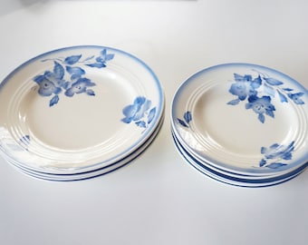 Beautiful old set of plates, abstract blue flower airbrush decor, Spritzdekor. Elsterwerda Germany. Vintage ca 1930. Antique kitchen service