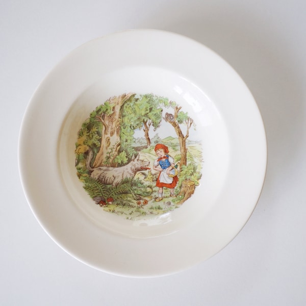 Childrens deep plate, vintage circa 1940 fairy tale illustration. P. Regout & Co Maastricht made in Holland. Little Red Riding Hood and wolf