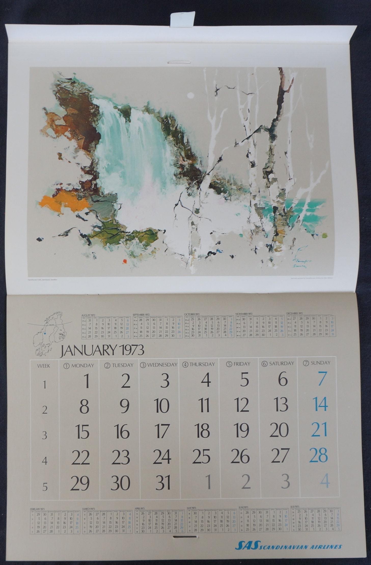 The Waters of Scandinavia SAS Calendar 1973, Scandinavian Airlines Sweden.  Special Illustrations by Otto Nielsen. Fine, Colorful Landscapes - Etsy