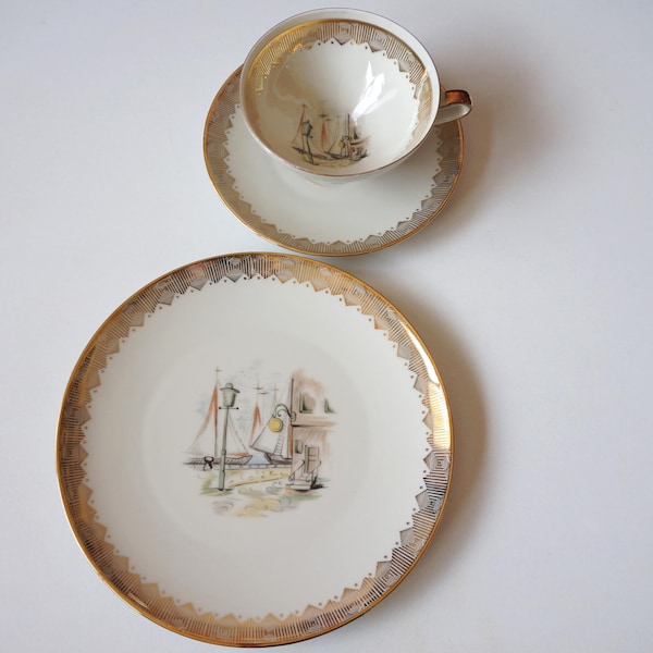 Bella Italia harbor scene: ca 1960, teacup saucer cake plate trio set. Winterling Marktleuthen Bavaria Germany. Sammeltasse / deck. Vintage