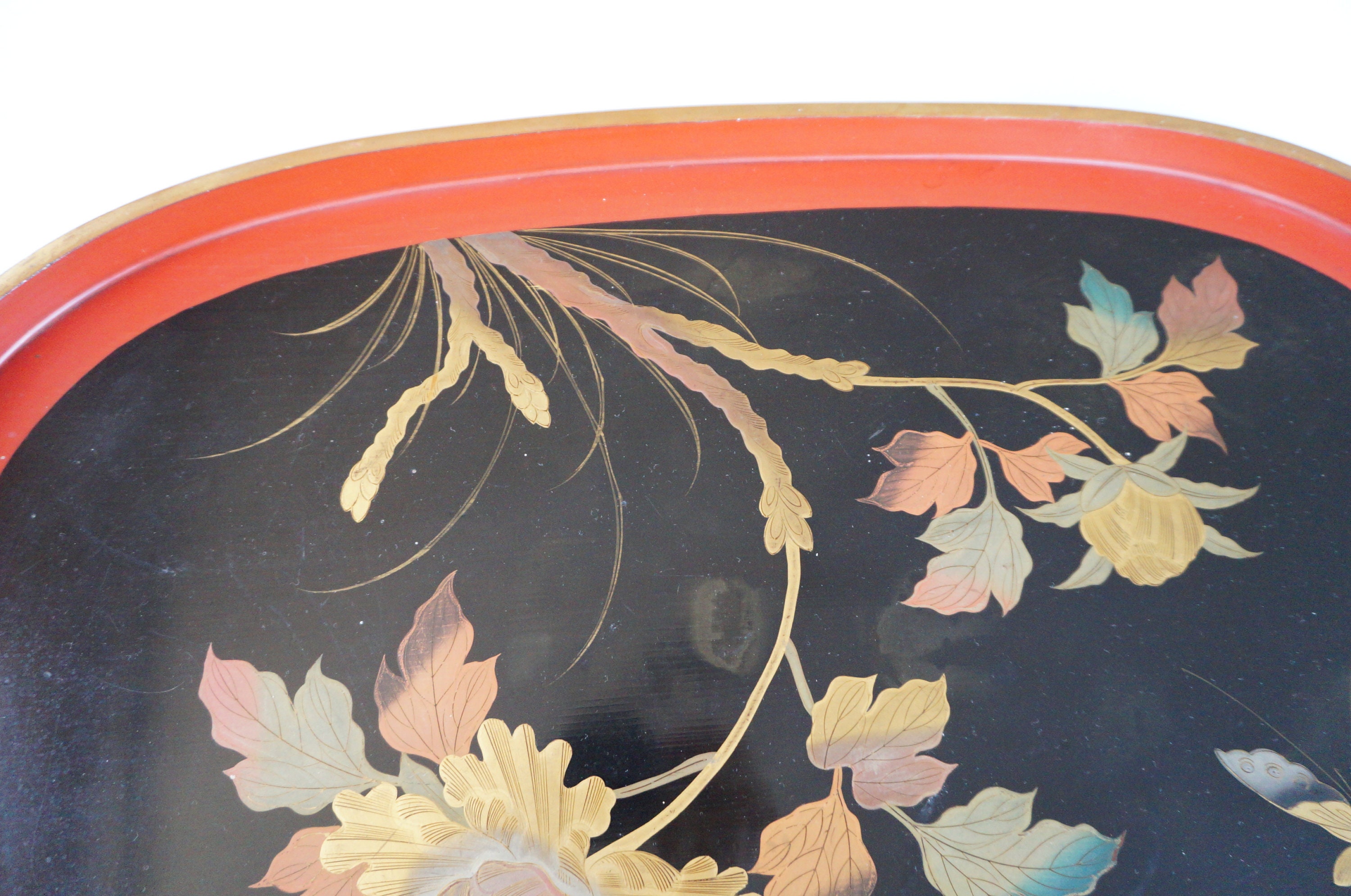 アンティーク雑貨 prius028 Large Antique Japanese Lacquer Wooden Tray, Hand-painted