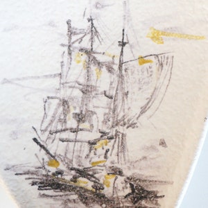 May include: A black and white sketch of a sailing ship with yellow accents on a white background.