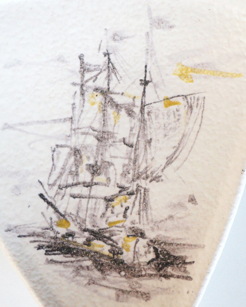 May include: A black and white sketch of a sailing ship with yellow accents on a white background.