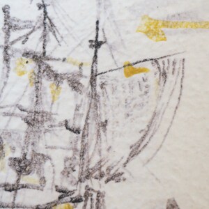 May include: A black and white pencil drawing of a ship with a sail. The drawing is on a white background with yellow accents.