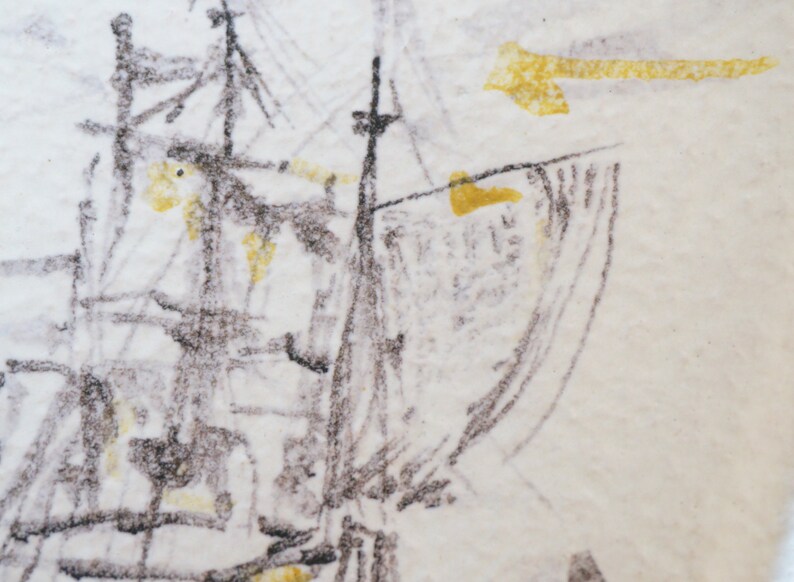 May include: A black and white pencil drawing of a ship with a sail. The drawing is on a white background with yellow accents.