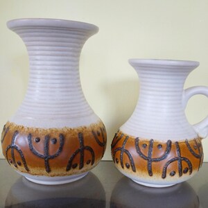 Set of 1960 s vintage ceramic vases, VEB Haldensleben East Germany 2975 + 4121. Beautiful abstract decoration, minimalist style. GDR pottery