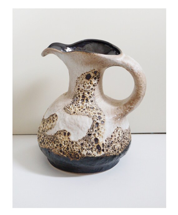 Brutalist Style, Heavy Pitcher Vase, Handled. White Brown
