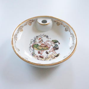 Antique porcelain children&#39;s warming plate. Limoges France around 1940. Lovely image of dancing boy and girl in traditional French costume