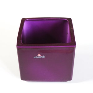 Purple cube shape ceramic planter or vase. Original label. By Scheurich West Germany 994 - 14. Mid-century pottery. Home decoration, plants