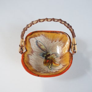 Early 1930 's Dümler & Breiden Germany pottery. Ceramic basket, orange rim mixed glaze. Chocolates / sweets presentation bowl, bamboo handle
