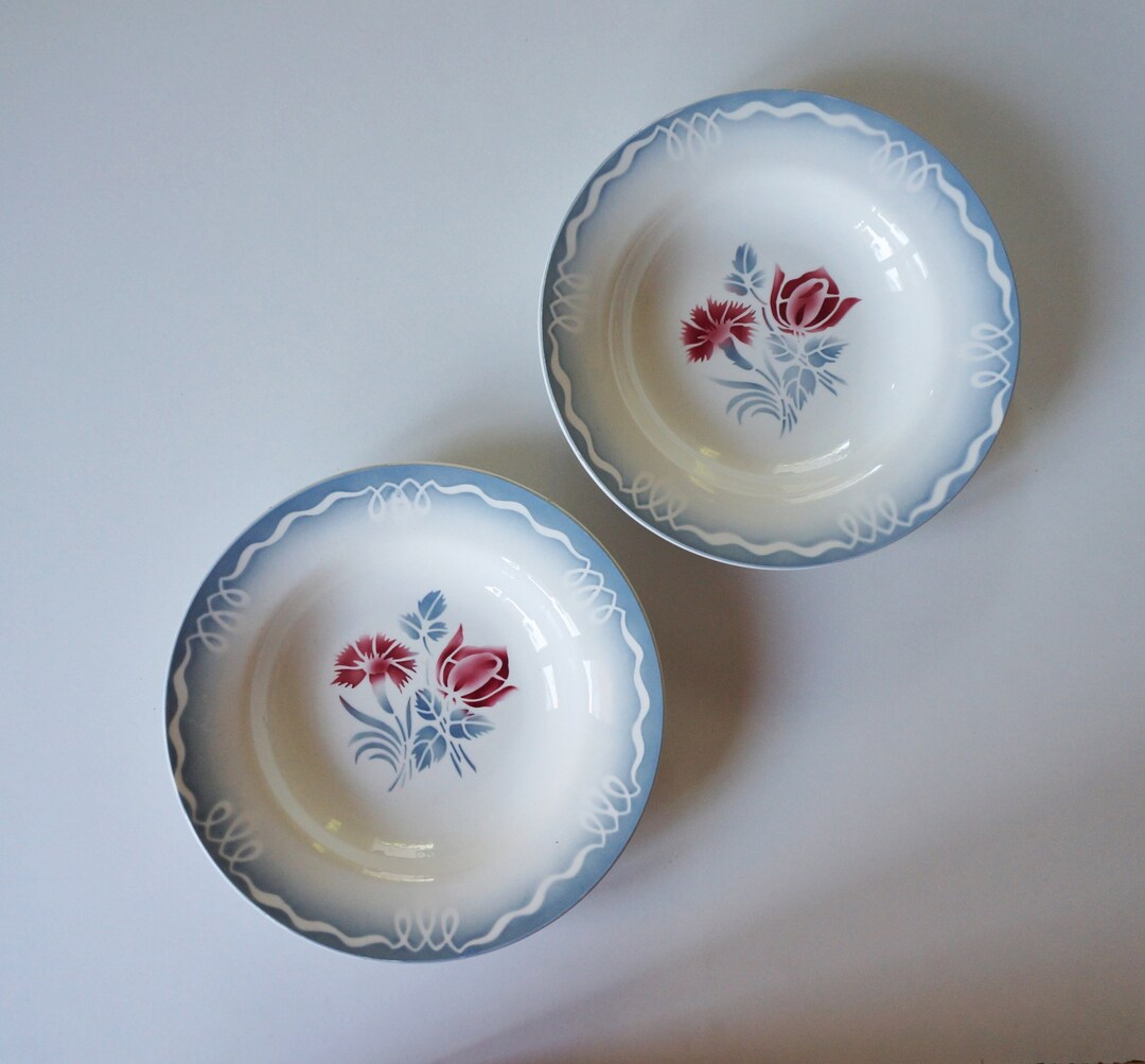 Blue Rim Rd Rose Set of 2 Soup Plates California Decor: Blue Rim, Red Cornflower, Rose ...