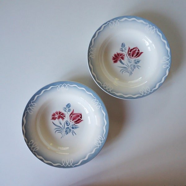 2 soup plates decor California: soft blue rim, red cornflower and rose. Petrus Regout Maastricht Netherlands. Airbrush / Spritzdekor vintage