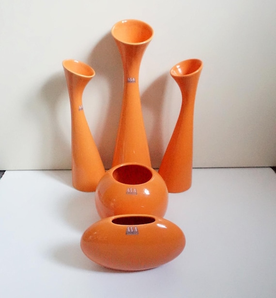3 High and 2 Round Orange Ceramic ASA Selection Germany Vases