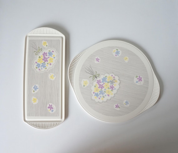 Combination of rectangular and circular ceramic cake platter. Vintage West Germany Grünstadt pottery. Pastel floral decor, creative 1960 's
