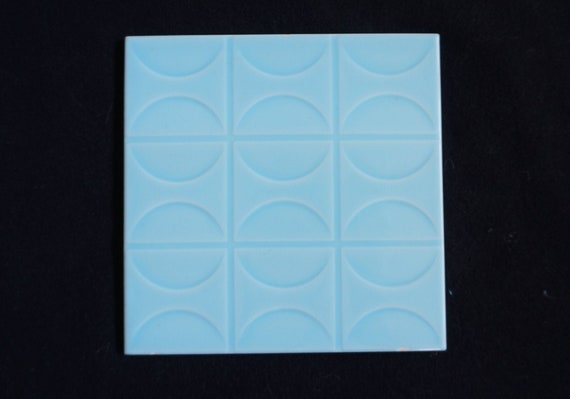 Vintage ligth blue ceramic tile, coaster. Italian pottery abstract geometric design. Pastorelli Savignano Modena Italy P.9 plus metal holder