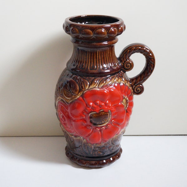 1960/1970s expressive red flower decor vase. Large, handled model. Scheurich West Germany 487 -28. Vintage German pottery. Great condition