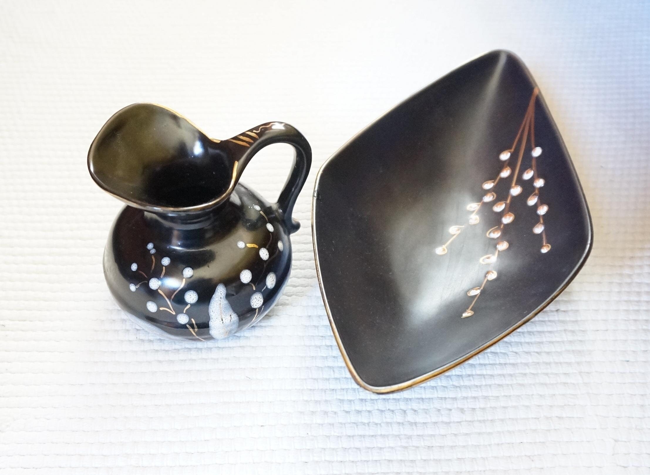 Set Black Pottery Vase + Tray (bowl). Flora / Jumbo Gouda