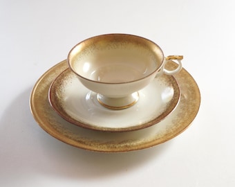 Tiny gold grains scattered on light pastel yellow rim. Porcelain tea trio cup saucer plate. Oscar Schaller Bavaria Germany Sammeltasse 1940s