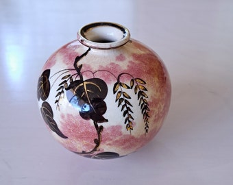 Fine vintage Dutch hand-painted small vase. Flora Gouda Holland Robijn 501. Pink, black and gold decoration, pretty bud vase from mid century